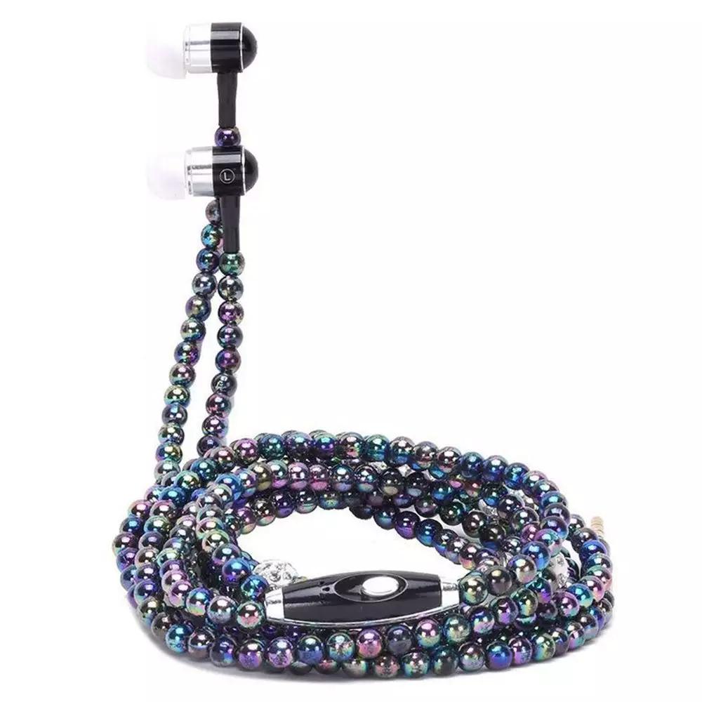 VAORLO Perlenkette Kopfhörer In-Ear Rosa Strass Halskette Schmuck Perlen Kopfhörer mit Mikrofon für Samsung Xiaomi Mädchen Geschenke bunt