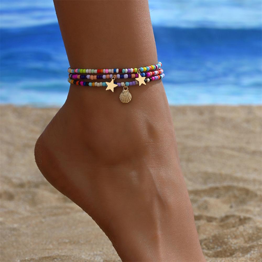 3 Stück/Set Regenbogenperlen Niedliche Sterne Muschel Fußkettchen Für Damen Mehrschichtige Fußketten Knöchelarmband Strand Schmuck Sommer Accessoires