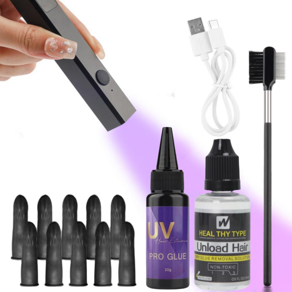UV-Licht-Haarverlängerungssystem, Werkzeugsatz, UV-Licht-Kleber mit UV-Licht-Haarverlängerungskamm, Haarkleber-Entferner, V-Licht-Verlängerungsmaschine für den Friseursalon A set