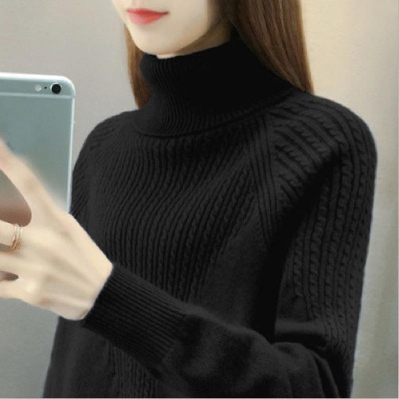 High Neck Pullover Pullover Frauen 2023 Lose Herbst/Winter Frauen Unterlage Langarm Solide Strick Pullover Pullover Weibliche One Size schwarz