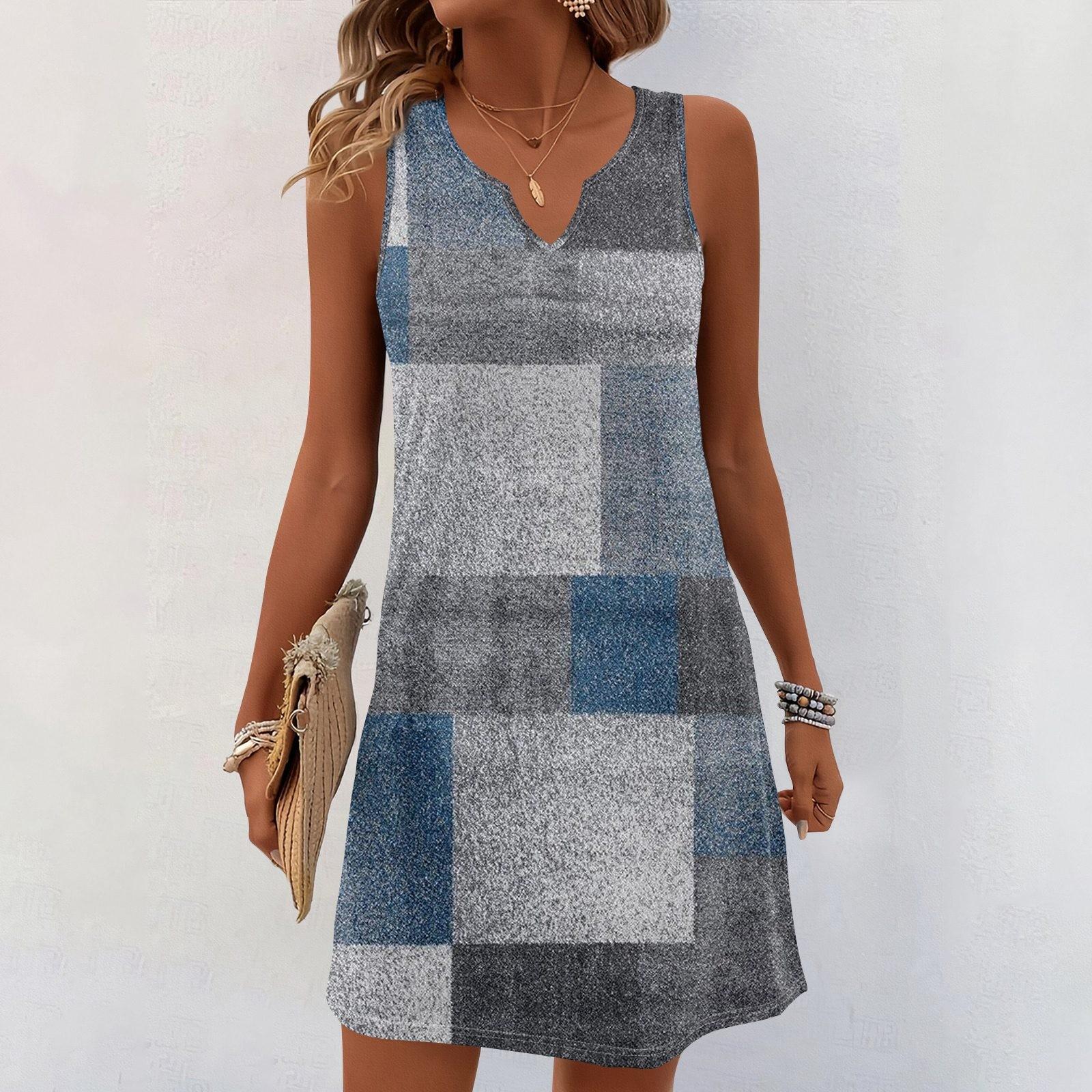 Damen Sommerkleider V-Ausschnitt Print Ärmelloses Sommerkleid Freizeitkleid XXL blau