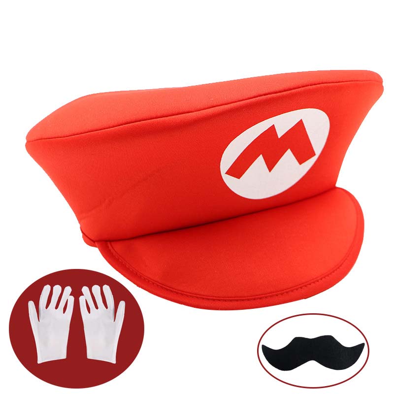 Rot Grün Super Bros Hüte Set Mary Luigy Kappen Schnurrbärte Handschuhe für Halloween Weihnachten Cosplay Kostüme Passende Accessoires red