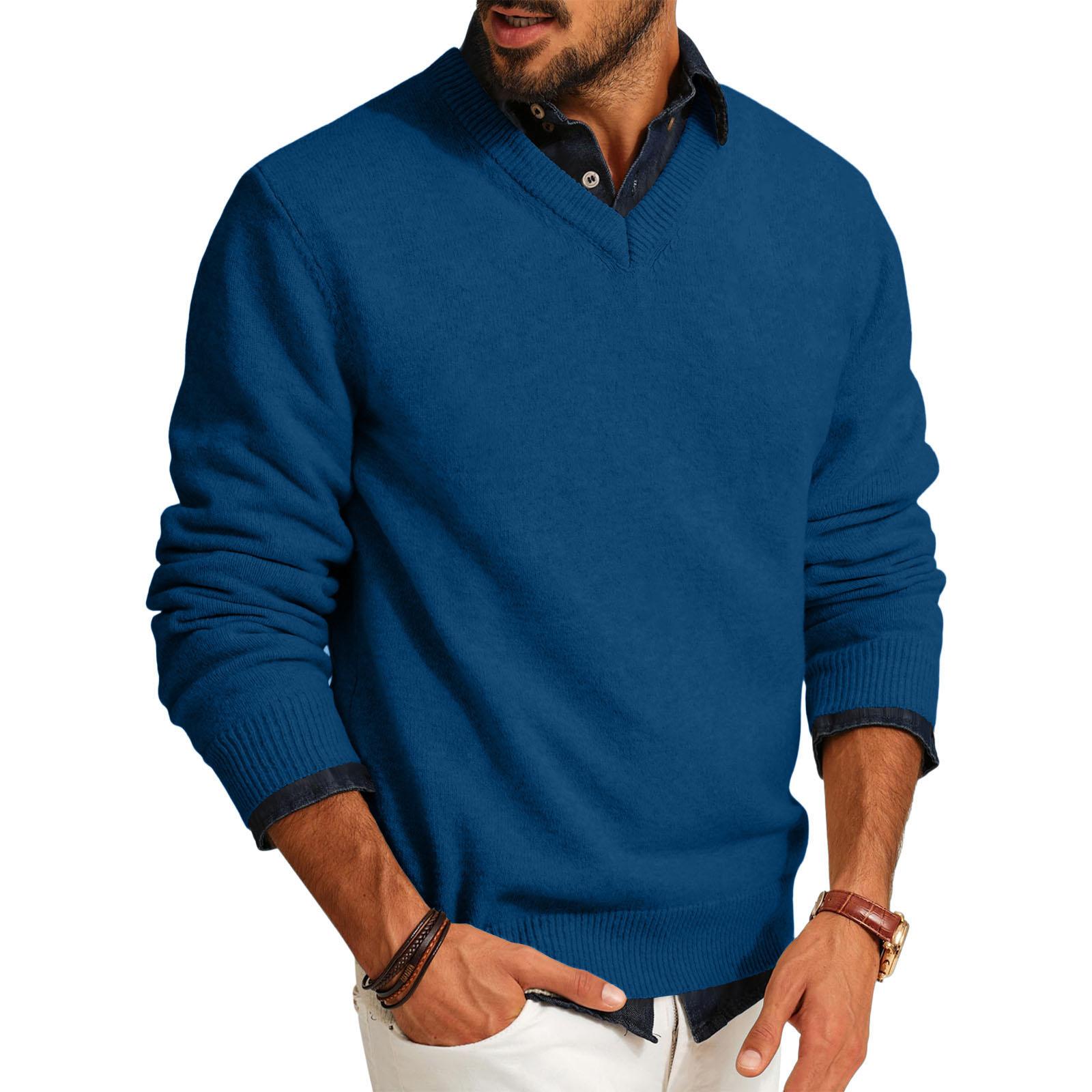 Herren V-Ausschnitt Pullover Lässiger Strick Leichter Kleiderpullover Langarm Slim Fit Herbst Winter Pullover XXXL blau