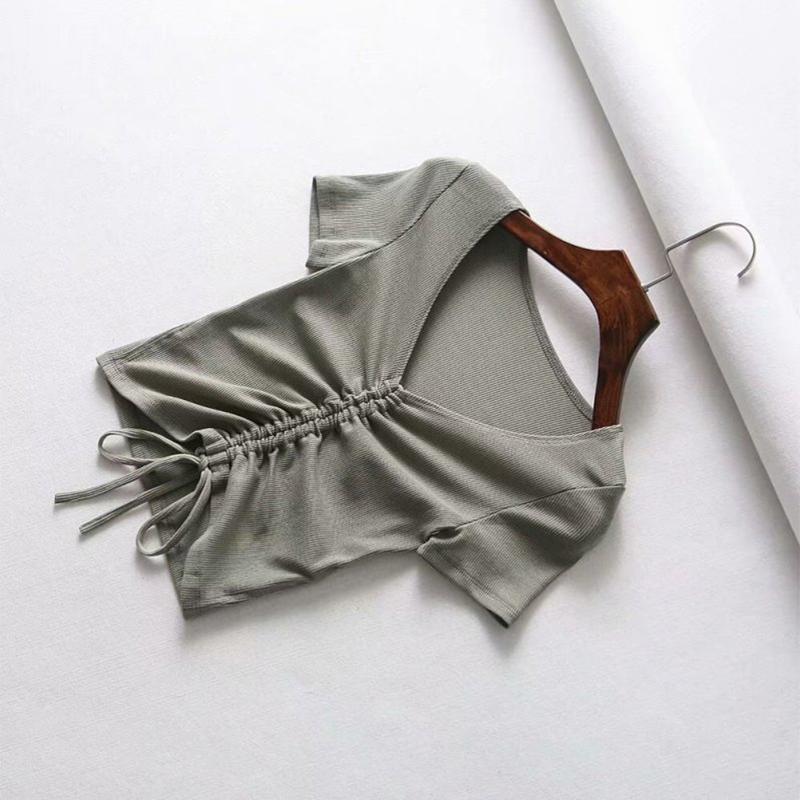 Sexy V-Ausschnitt, abgeschnittene Tanktops für Damen, mit Kordelzug vorne, Camis in Bonbonfarben, Streetwear, schmale Passform, geripptes Crop-Top M grün