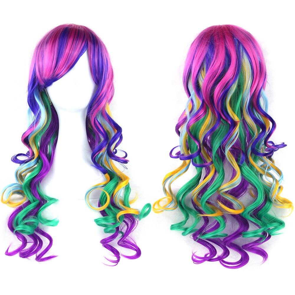 28-Zoll-Anime-Perücken, lange Kunsthaar-Perücken für Frauen, hitzebeständige Faser, Party-Haar, Rot, Schwarz, Weiß, Regenbogen-Haar, Cosplay-Perücke One Size blau
