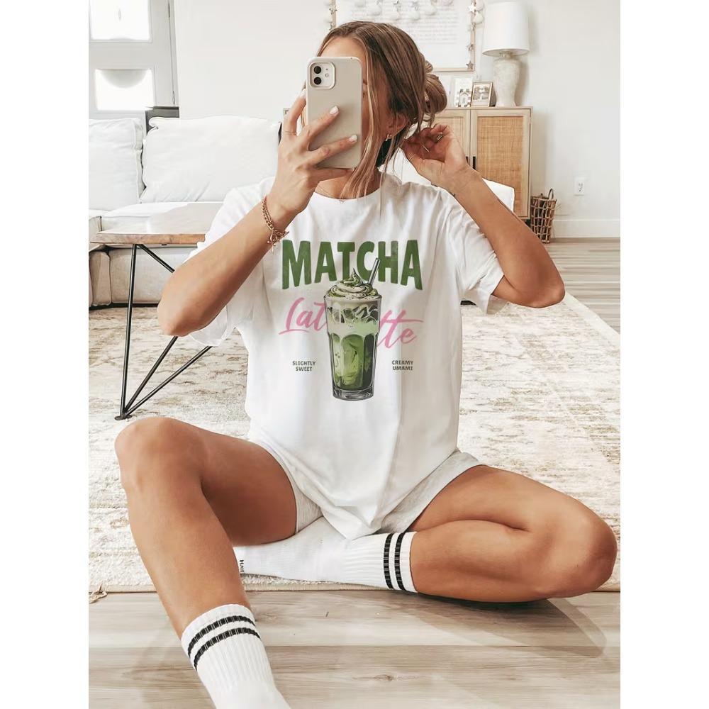 Süßes Matcha Latte Aufdruck T-Shirt Rosa Karomuster Eiskalter Matcha Grafik Damen Freizeit T-Shirt für den täglichen Gebrauch L beige