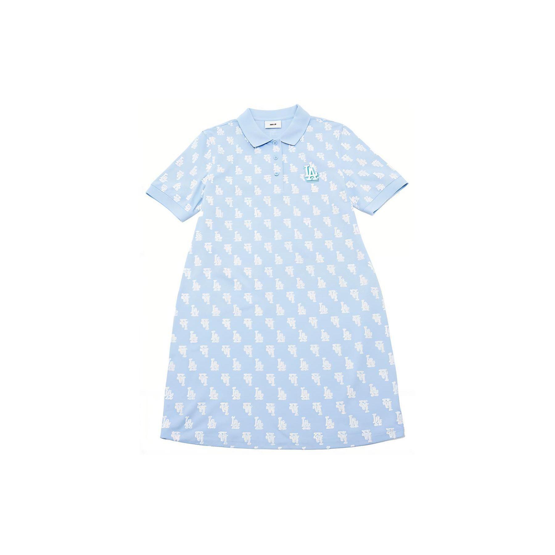 MLB Los Angeles Dodgers SS24 All Over Print Polokragen Gerades Sport-Kurzarmkleid Damenkleider Himmelblau 3FOPM0143-07SBS S white