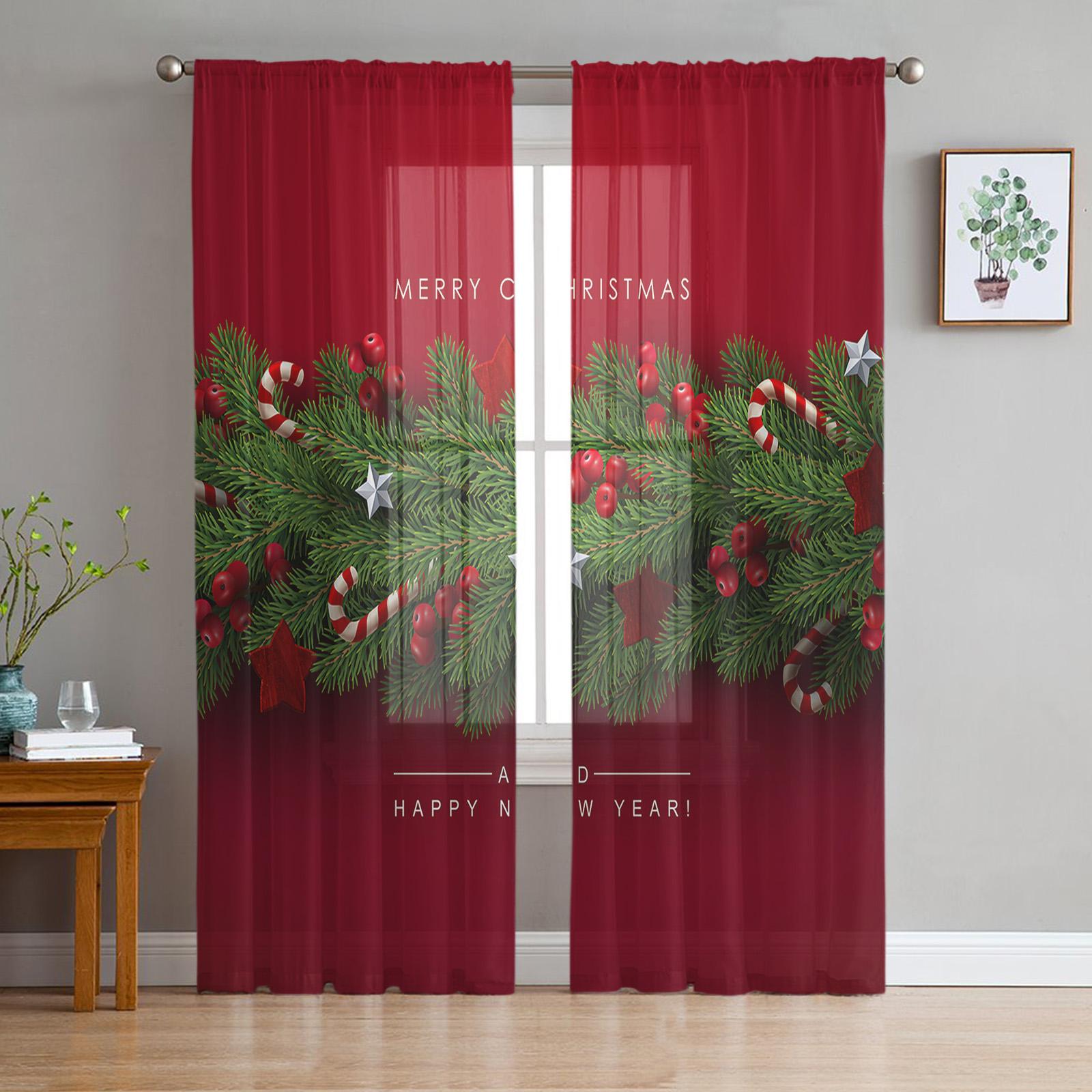 Weihnachtsbaum Kiefernnadeln Süßigkeiten Schleife Rot Transparente Vorhänge zur Wohnzimmerdekoration Fenstergardinen Küchen Tüll Voile Vorhänge W135 x H115cm x1 gray