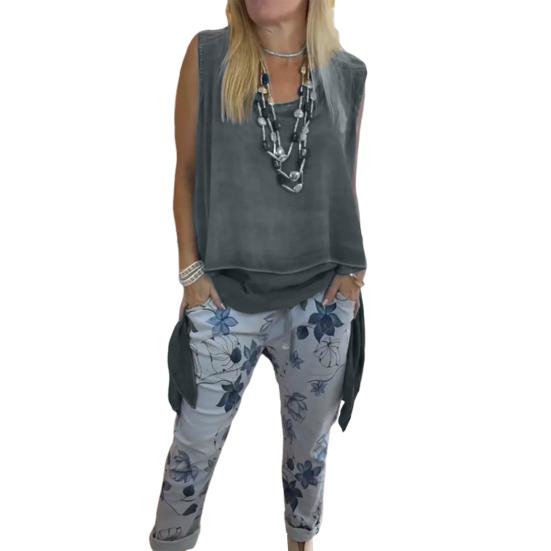 2-teiliges Lounge-Set für Damen, ärmellos, Tanktop mit asymmetrischem Saum, Blumendruck, Jogginghosen-Set, lässiges, lockeres Outfit für Frühling und Sommer XXL grau