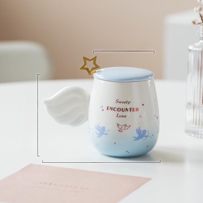 Engelsflügel Romantischer Amor Paar Paar Sanfte Tasse Farbverlauf mit Keramik Cartoon Tasse mit Deckel Löffel Männer und Frauen Blumentee Wasserbecher 300ml gray