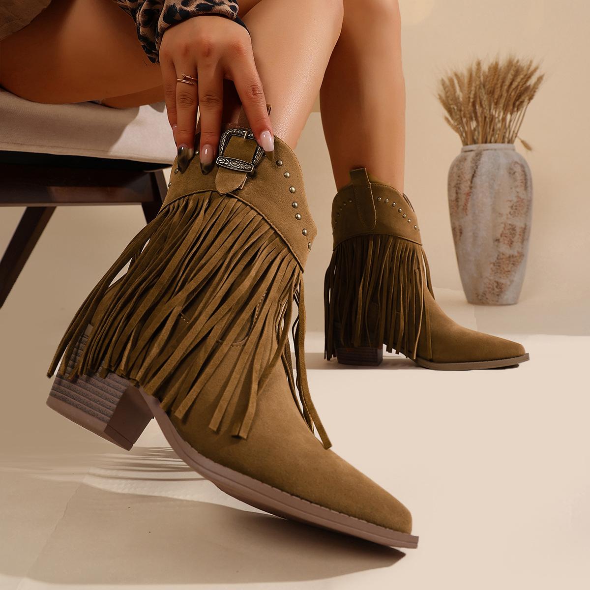 Mode Damen Stiefeletten Herbst Wildleder Chelsea Boots Spitz Zehen Quaste High Heel Schuh Niete Mode Retro Cowboy Stiefel Botas Mujer 40 dunkelbraune