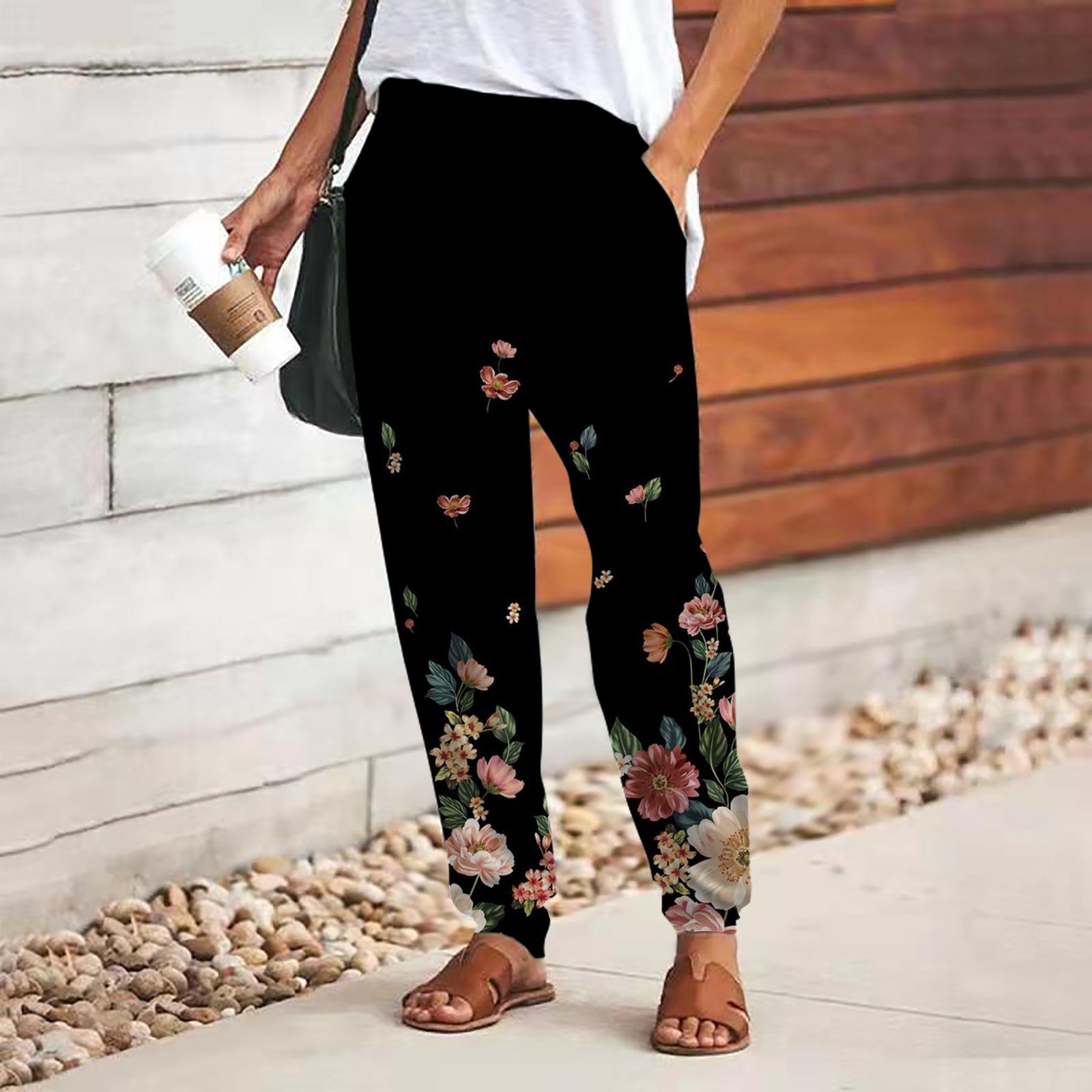 Damenhose mit 3D-Blumen-Print, zum Schnüren, elastischer Bund, lockere Hose, lässige lange Hose, Hose mit Taschen L rosa