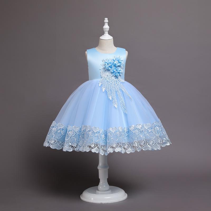 Kinder-Hochzeitskleid, formelles Kleid, Applikationen, Spitze, Prinzessin, Party, Abschlussball, Quasten 110cm hellblaue