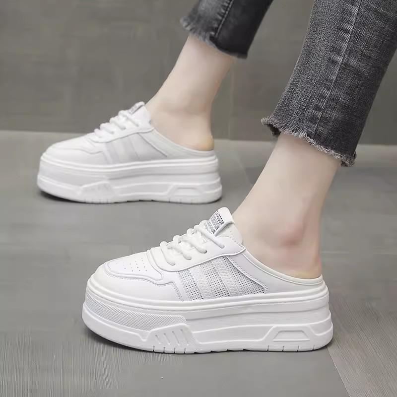 Mode Chunky Heel weiße Schuhe für Frauen Sommer neue Stil Sneaker Hausschuhe Mesh atmungsaktiv Mode Slip-on Lazy Halb Hausschuhe 39 weiß