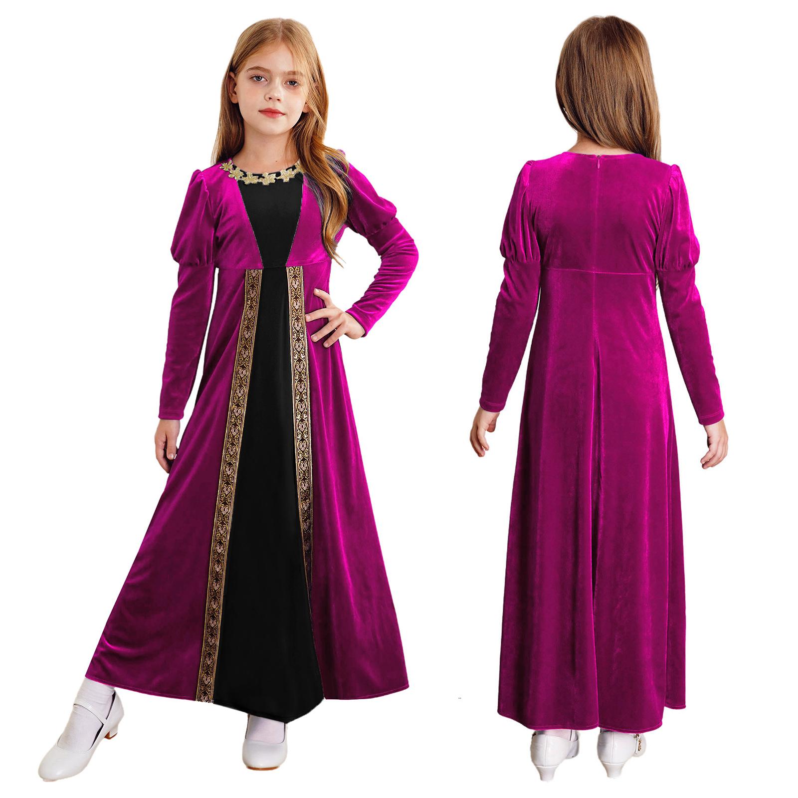 Mittelalterliches Renaissance-Kleid für Mädchen, Halloween, Rollenspiel, Partykostüm, Prinzessin, Langarmkleid, Ballkleider 7-8 Years heißes rosa