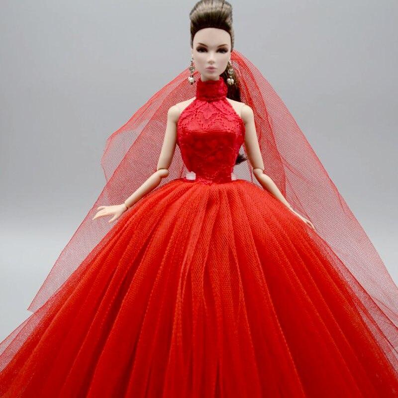 Rotes hochgeschlossenes modisches Hochzeitskleid für Barbie-Puppen-Outfits, Prinzessinnen-Abend-Party-Kleid, lange Kleider, Puppenkleidung und Schleier, 1/6 Spielzeug rot