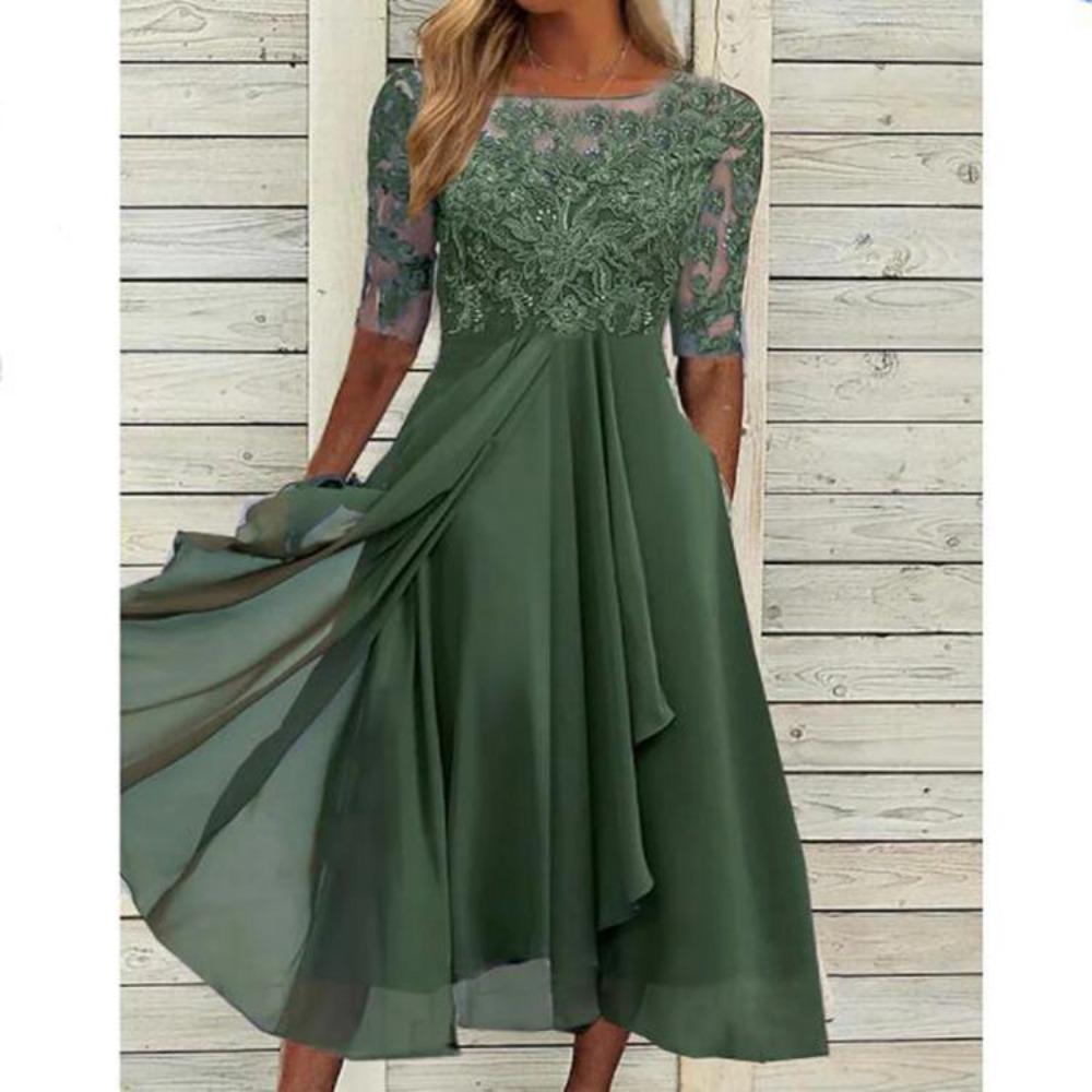 HNXC Damenmode Sommer Frühling Einfarbig Druck Kurzarm O-Ausschnitt Freizeitkleider XXXL grün