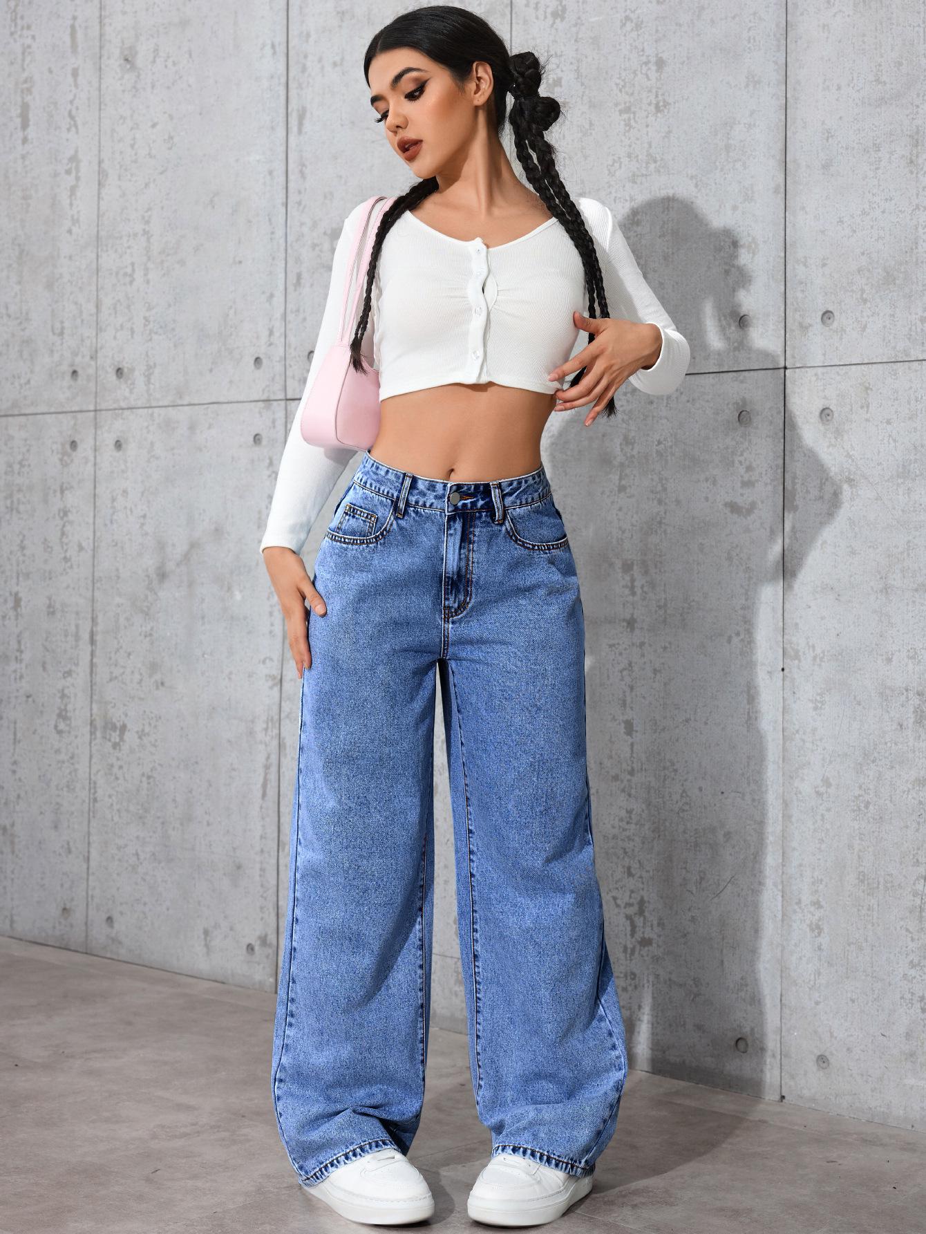 Weite Damenjeans - Gewaschen, Locker, Schlankmachend, Bodenlang für Frühling & Herbst L (110-125 jin) mittlere blaue