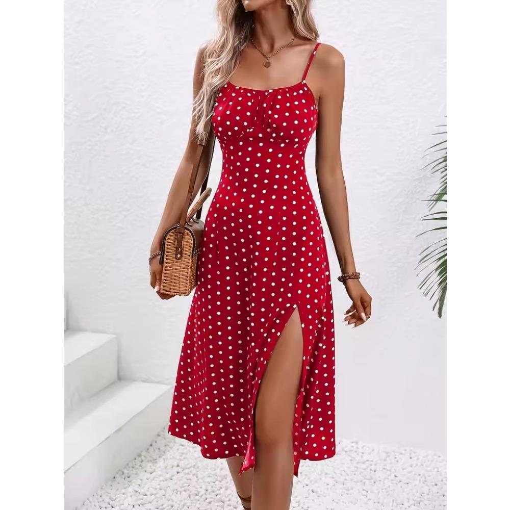 2025 Sommer Sexy Spaghetti-Trägern Kleid Damenmode Polka Dot Print Ärmelloses Kleid mit Schlitz Boho Casual Beach Midi Kleider M blutrot