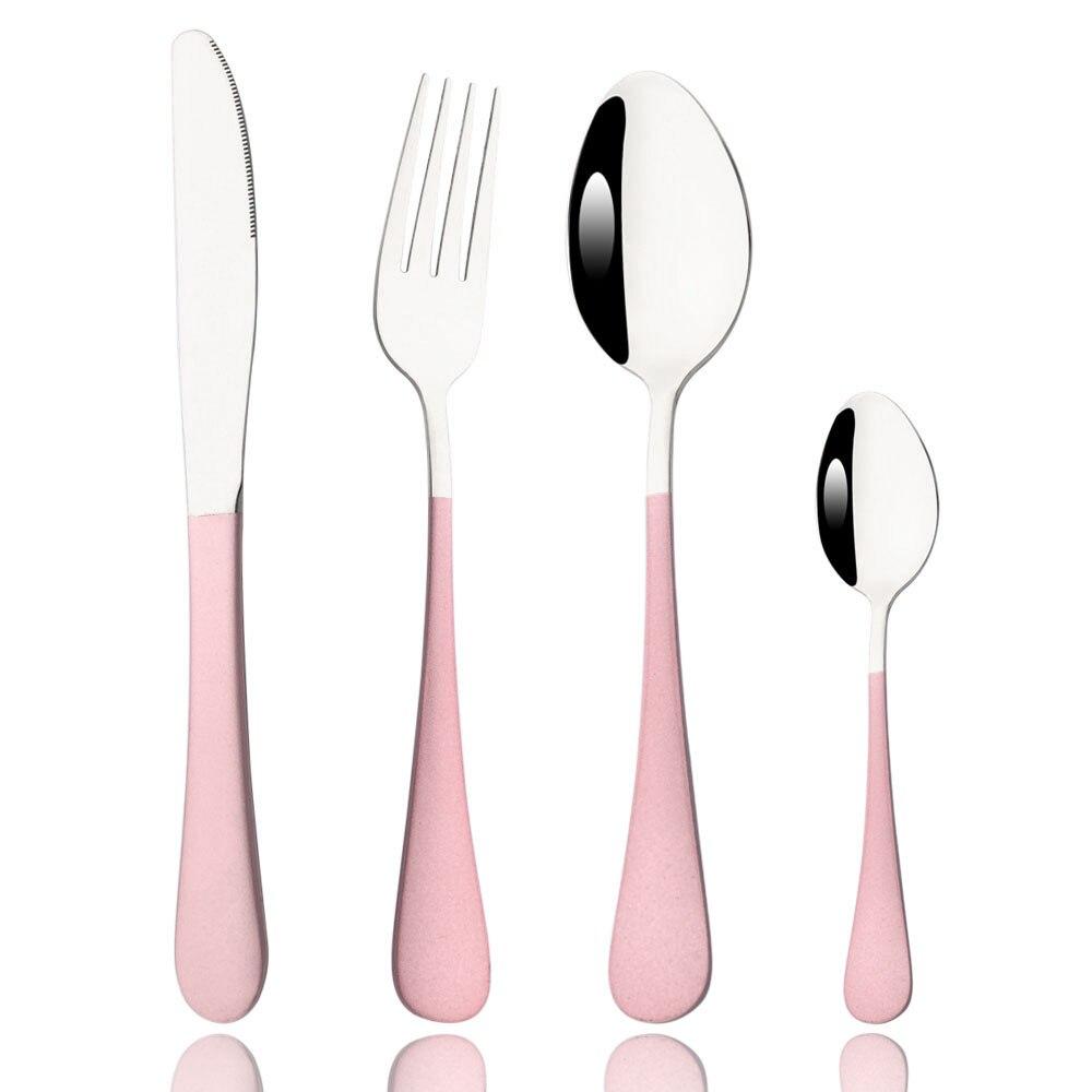 4-teiliges Jankng Basic-Geschirr-Besteck-Set, Messer, Gabel, Löffel, Teelöffel, Besteck, Regenbogengriff, Gold, Edelstahl, Geschirr, Besteck-Set silber/rosa