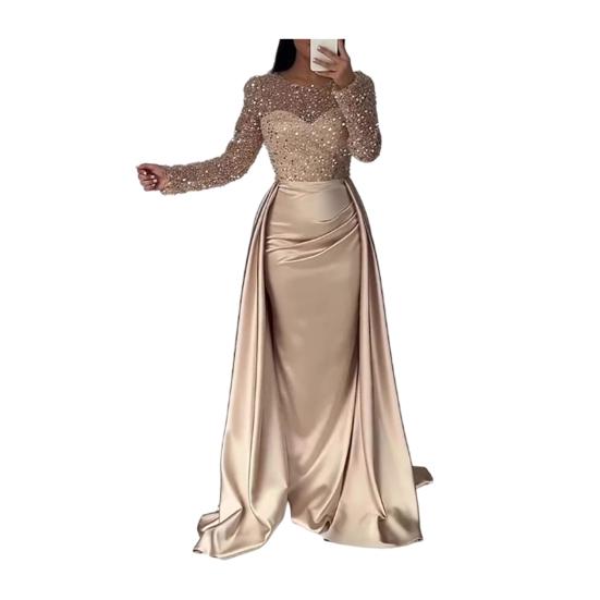 Pailletten Durchsichtiges Mesh Langarm Maxi Kleid für Damen Fließendes Glitzer A-Linien Langes Kleid Formelles Cocktail Abendkleid L goldgelb