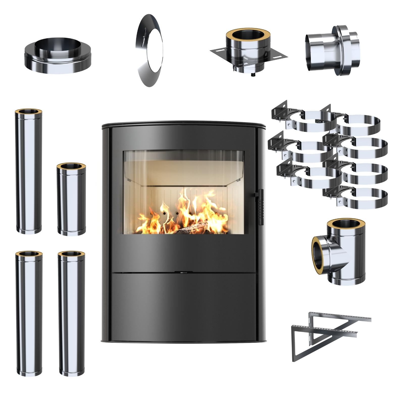 Freistehender Kaminofen KRATKI ROLLO 2 10kW Ø150 Externes Schornsteinset schwarz