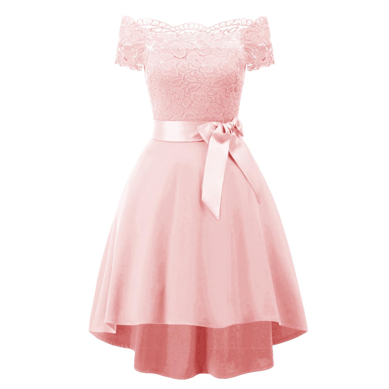 Damen-Midikleid mit Spitzen-Muschel-Bardot-Ausschnitt, hohem, tiefem Saum, kurzes Abendkleid, Party, Brautjungfer, Hochzeit, Gast, Cocktail, Promi, elegante Anlässe S rosa
