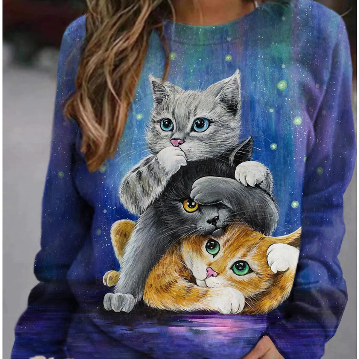 Damen-T-Shirt mit süßem Katzendruck, Cartoon-Kätzchen-T-Shirt, lange Ärmel, Alltag, andere Drucke, Basic-T-Shirt, Pullover, locker, Lila, Grau, Orang S