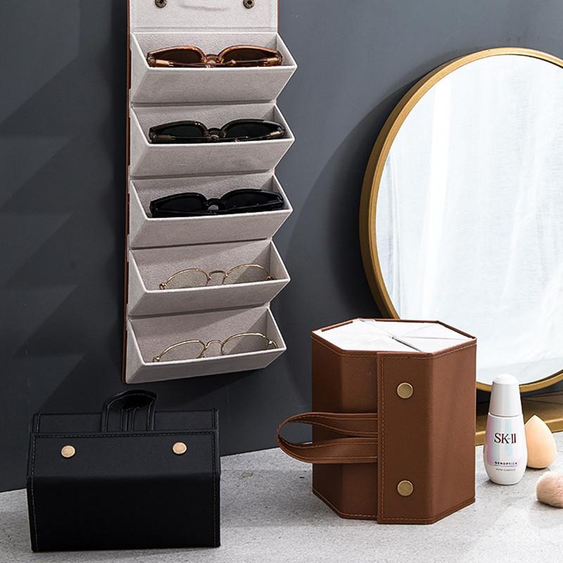 Brillen-Sonnenbrillen-Organizer, Sammler-Brillen-Aufbewahrungsbox, 5 Fächer, aufrollbar, PU-Leder, Sonnenbrillenhalter, faltbares Etui L braun