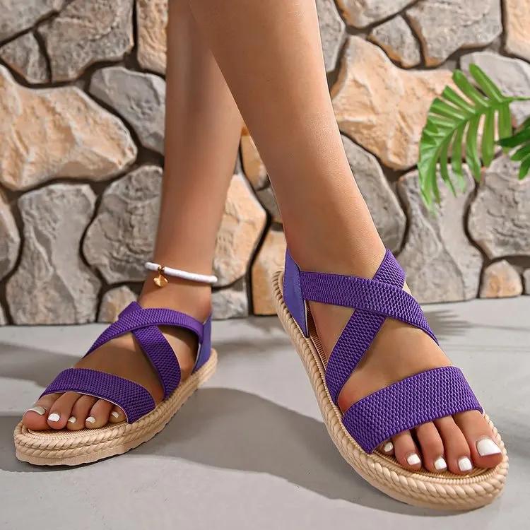 Damen Sandalen Sommer Neu Flach Mode Übergröße 2026 Strand Sandalen Outdoor Leicht Atmungsaktiv Sommer Plateau Römische Sandalen 38 violett