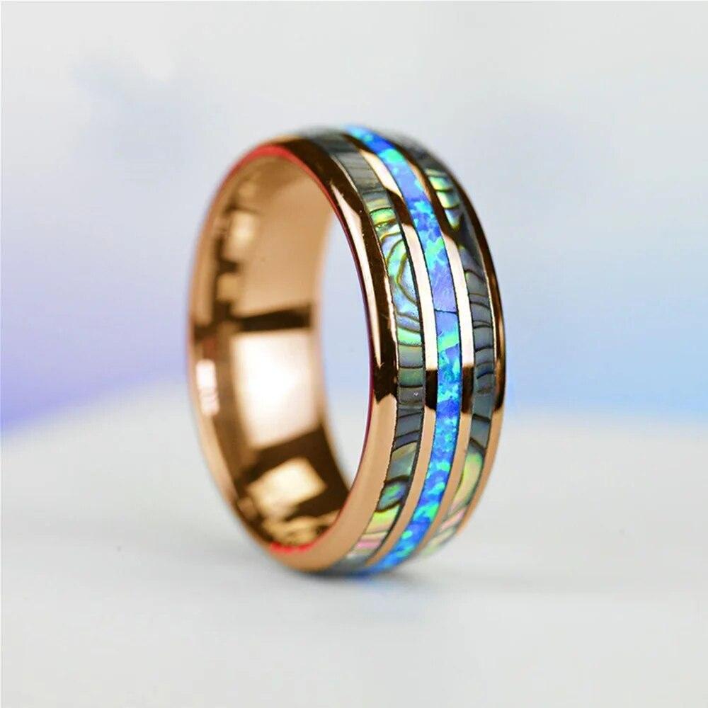 Mode 8mm Rose Gold Farbe Wolfram Hochzeit Männer Edelstahl Ringe Inlay Abalone Shell Blau Opal Ringe Männer Hochzeit schmuck 6