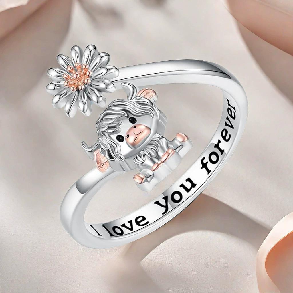 1 Stück Modeschmuck Geburtstagsgeschenk Thanksgiving Gänseblümchen Gedenkgeschenk Hochlandrind Weihnachten Damen Offener Ring Ring Mode Handgemacht silber