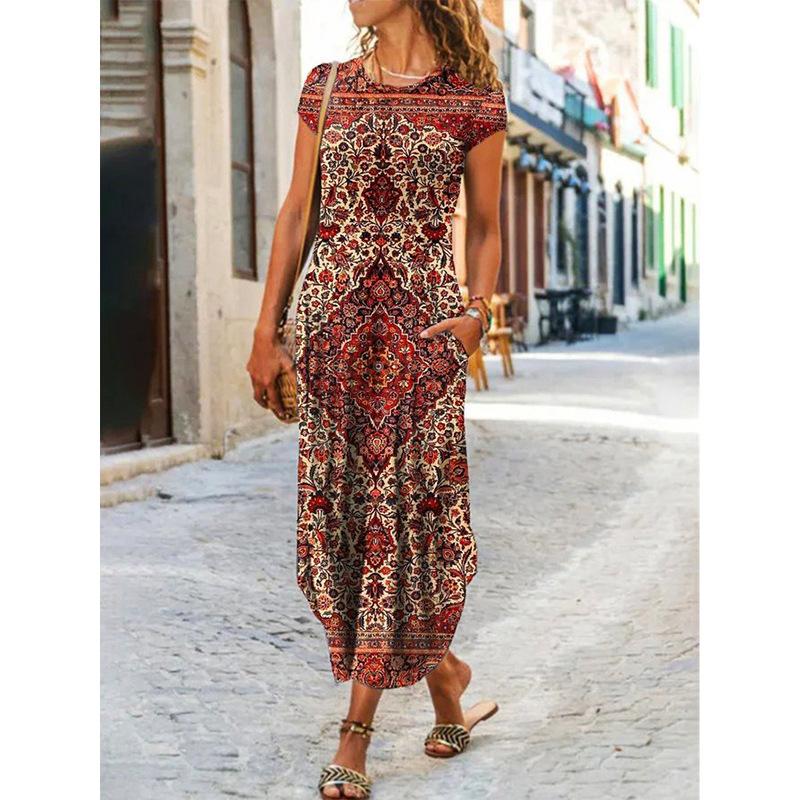Damen Freizeitkleider Bedruckte Kleider Sommerkleider Bedruckte Plissee O-Ausschnitt Lockere Kleider XXXL