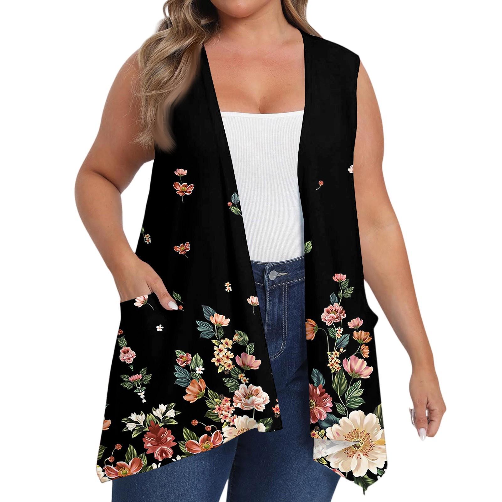 Damen Übergröße Locker Lässig Bedruckt Ärmellos Weste mit Tasche Strickjacke Jacke Strickjacke Jacke XXXXXL schwarz