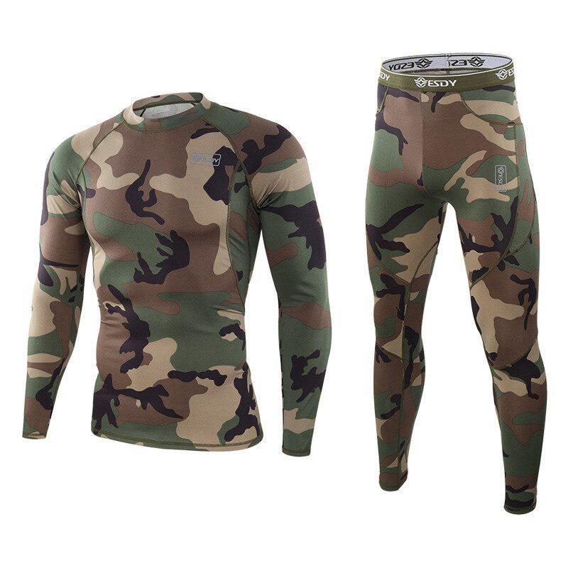 Herren Outdoor Camo Thermo-Unterwäsche, Sportunterwäsche, Fleece, warme Strumpfhosen, Kompression, schnell trocknend, Thermo-Unterwäsche-Set, Herren-Camo-Anzug M gray