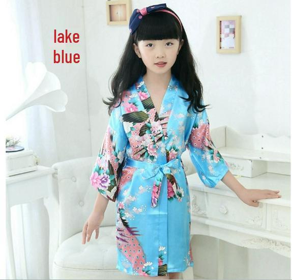 Seiden-Pfau-Kimono-Bademantel für Mädchen - Nachthemd Nachtwäsche Bademantel für Kinder 100 see-blaue