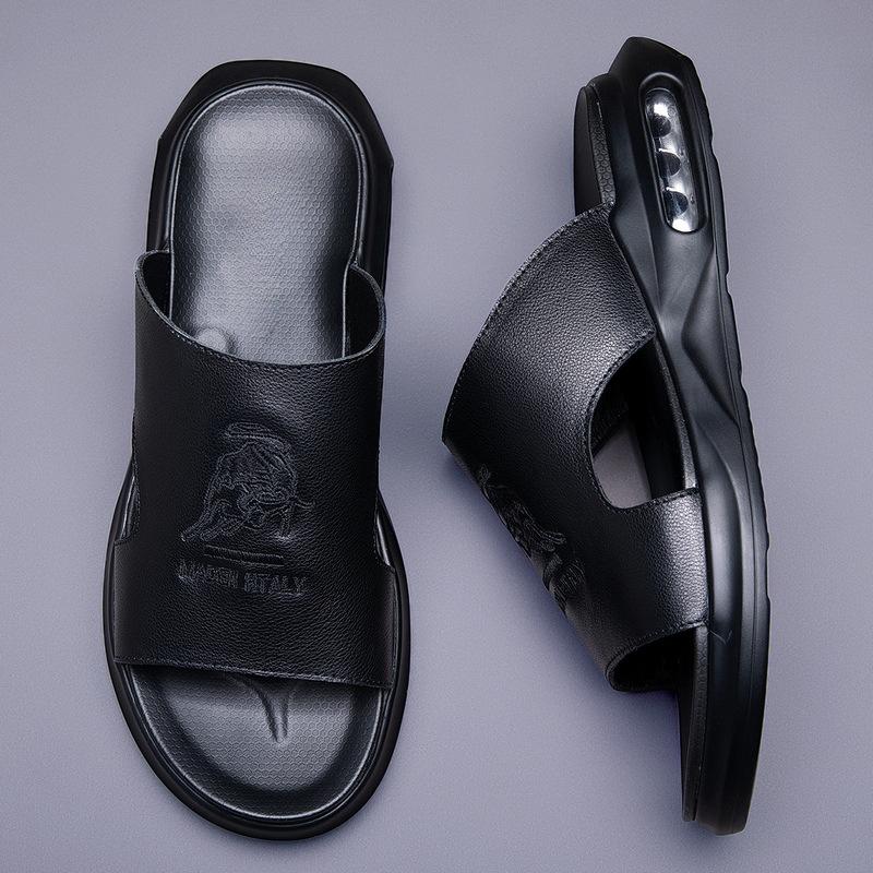 Mode Herren Leder Hausschuhe Sommer Casual Sandale 2024 Mode Vintage Herrenschuh Hohe Qualität Weich Komfort Casual Flats Strand Männliche Hausschuhe 42 schwarz