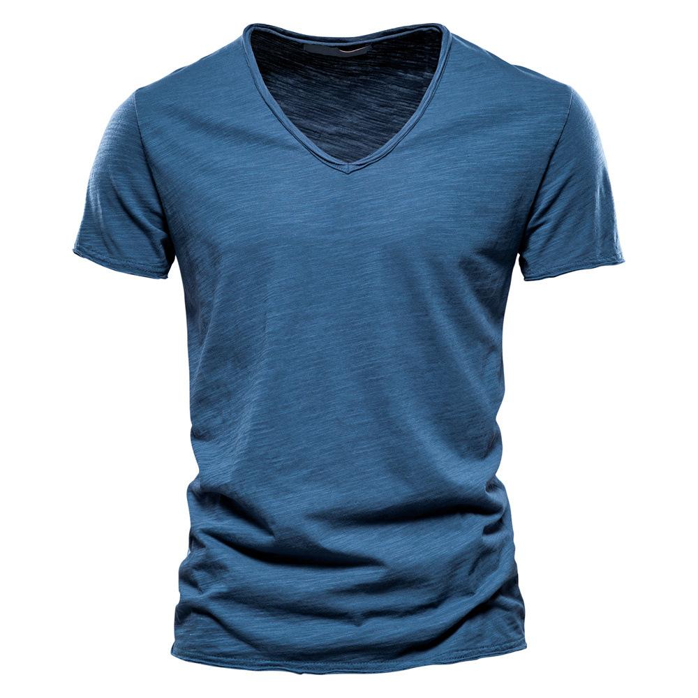 Herren Sommer Einfarbig V-Ausschnitt Kurzarm T-Shirt Baumwolle Oberteil Europäischer und Amerikanischer Stil Herrenmode XXL blau