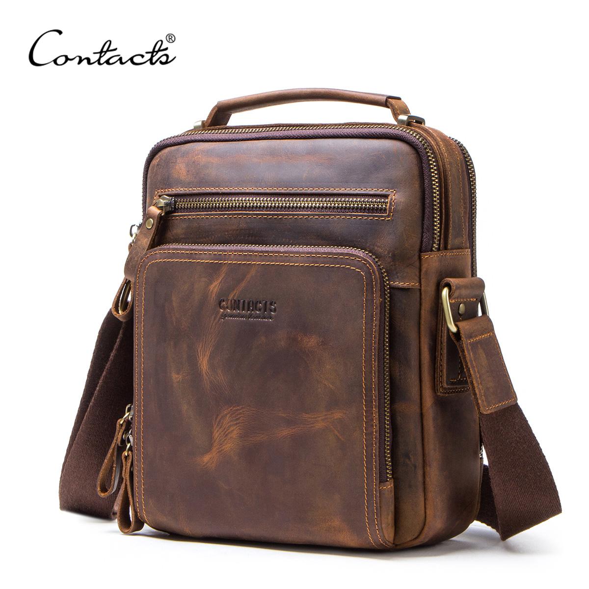 CONTACT'S Echte Leder Schultertasche für Herren Vintage Umhängetasche Lässig Messenger Bags Reise Business Herren Umhängetaschen L kaffeebraun