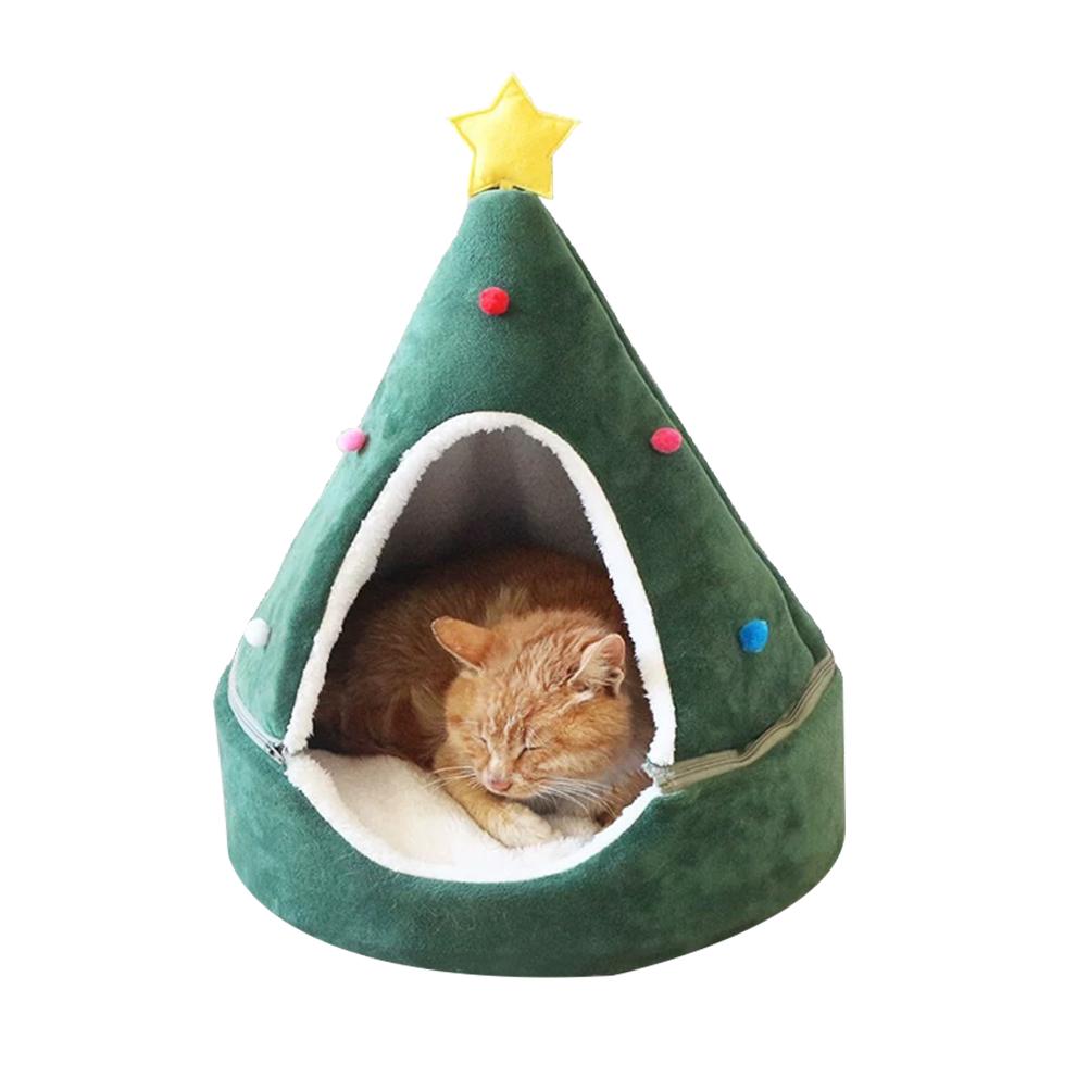 Katzenzelt Höhle Bett Weihnachtsbaum Katzenhaus Bett Bequemes Dreieck Katzenbett Haustierzelt Haus 35*45cm grün