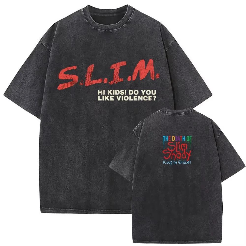 Übergroßes, gewaschenes schwarzes Kurzarm-T-Shirt mit beidseitigem Grafikdruck von Eminem The Death of Slim Shady für Rap- & Hip-Hop-Fans S