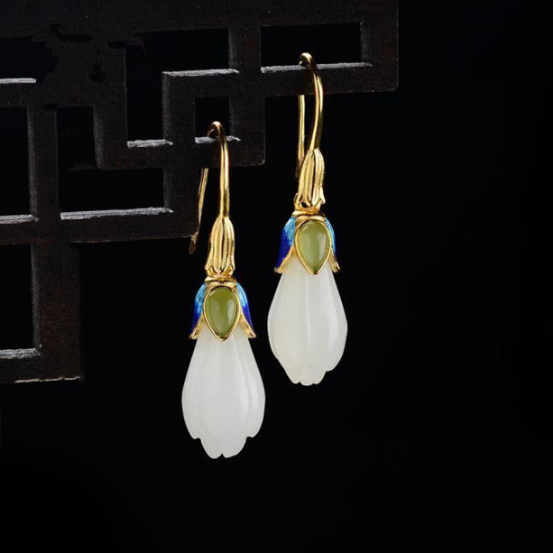 Natürliche Hetian Jade Orchideen Ohrringe für Damen Exquisiter Chinesischer Stil Kreatives Design Leichter Luxus Lange Schmuckaccessoires