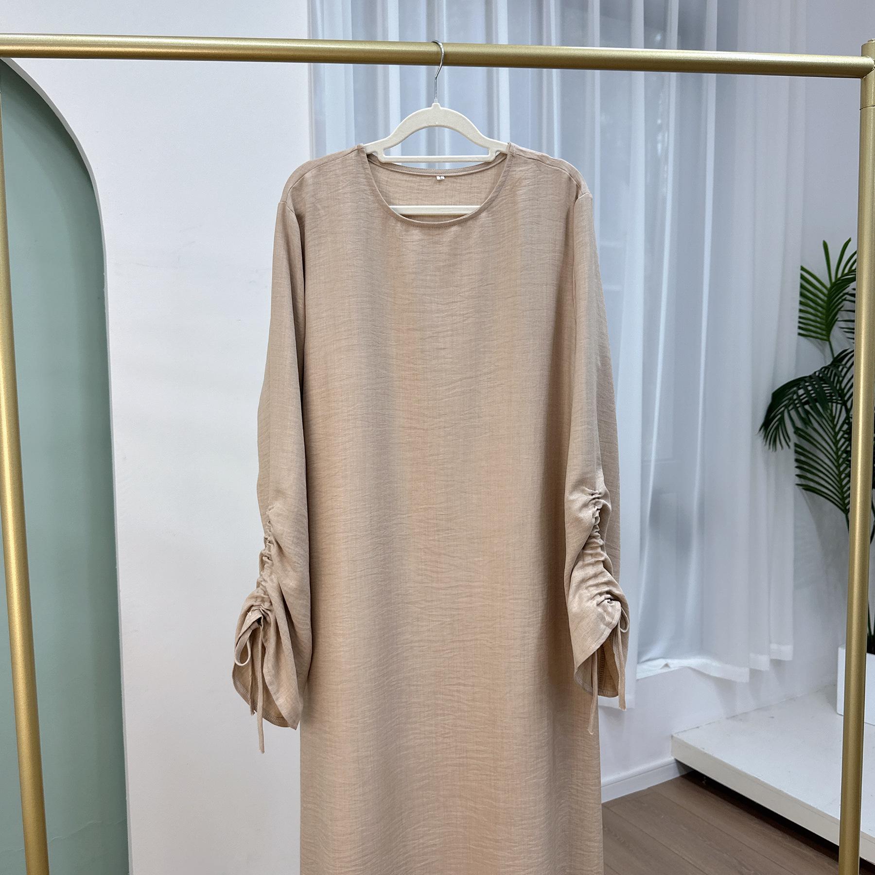 Saudi-Arabien Muslimische Frauen Bescheidenes Kleid Eid Dubai Plain Abaya Islamische Feiertagsparty Solide Türkei Schnürmanschetten Lange Kleidung M beige