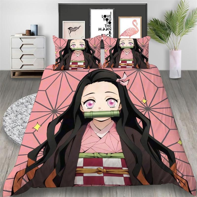 Japan Anime 3D-Druck Kawaii Demon Slayer Bettwäsche-Set Bettbezüge Bettdecke Bettwäsche-Sets Bettwäsche Bettwäsche Heimtextilien 135x200cm 2pcs
