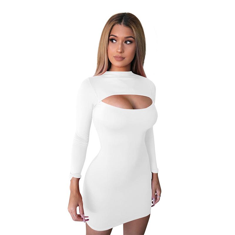 Frühling Sommer Mode Volle Hülse Solide Kleid Frauen Aushöhlen Schlank Hüfte Kleid Damen Reißverschlüsse Sexy Kleid XL weiß