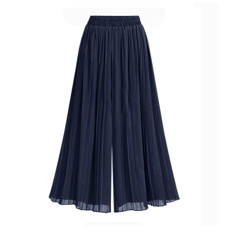 Chiffon-Damen, weite Hosen, plissiert, Strand-Culottes, lockere, abgeschnittene Hosen, hohe Taille, dünne Hosen mit weitem Bein XXL navy blau