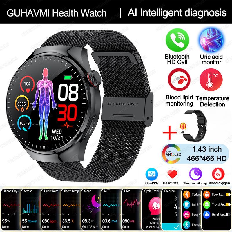 2025 Neue Smartwatch in Krankenpflegequalität Blutsauerstoff Blutfett Harnsäure EKG+PPG Körpertemperatur Bluetooth-Anruf Gesundheits-Smartwatch black-mesh