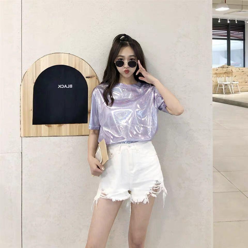 Lose glitzernde stilvolle helle Sommer-Frauen Korea Lady Shining T-Shirts Basic Tees Streetwear Tops 5XL licht lila