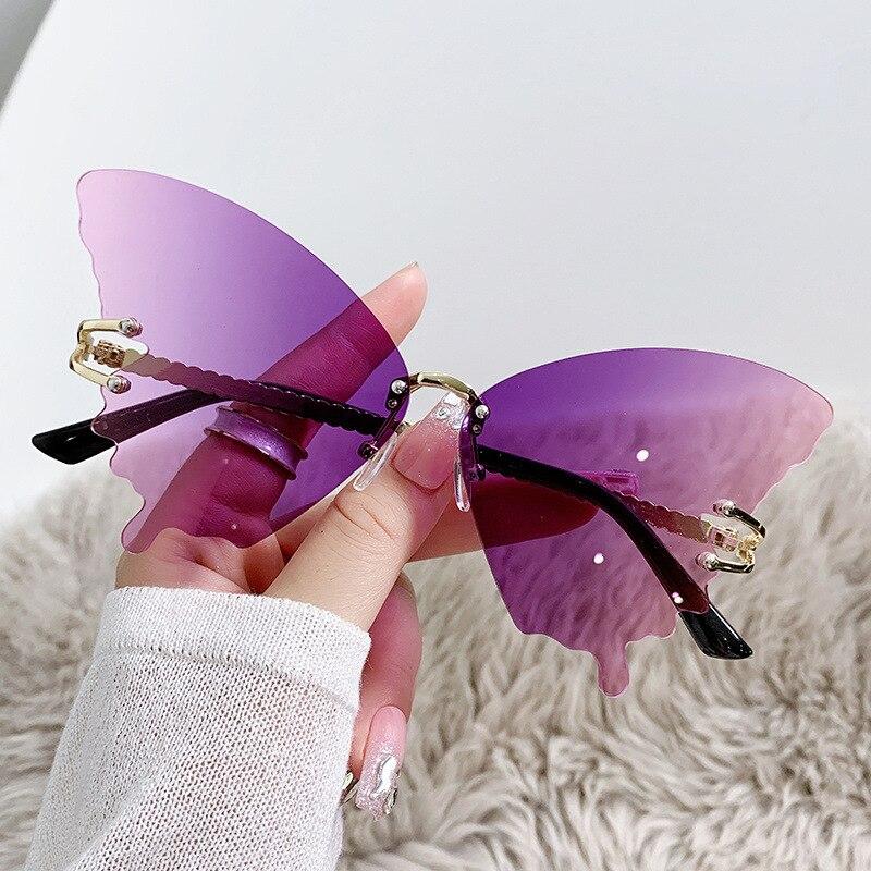 Luxus Schmetterling Sonnenbrille Frauen Marke y2k Vintage Randlose Übergroße Sonnenbrille Damen Brillen gafas de sol violett
