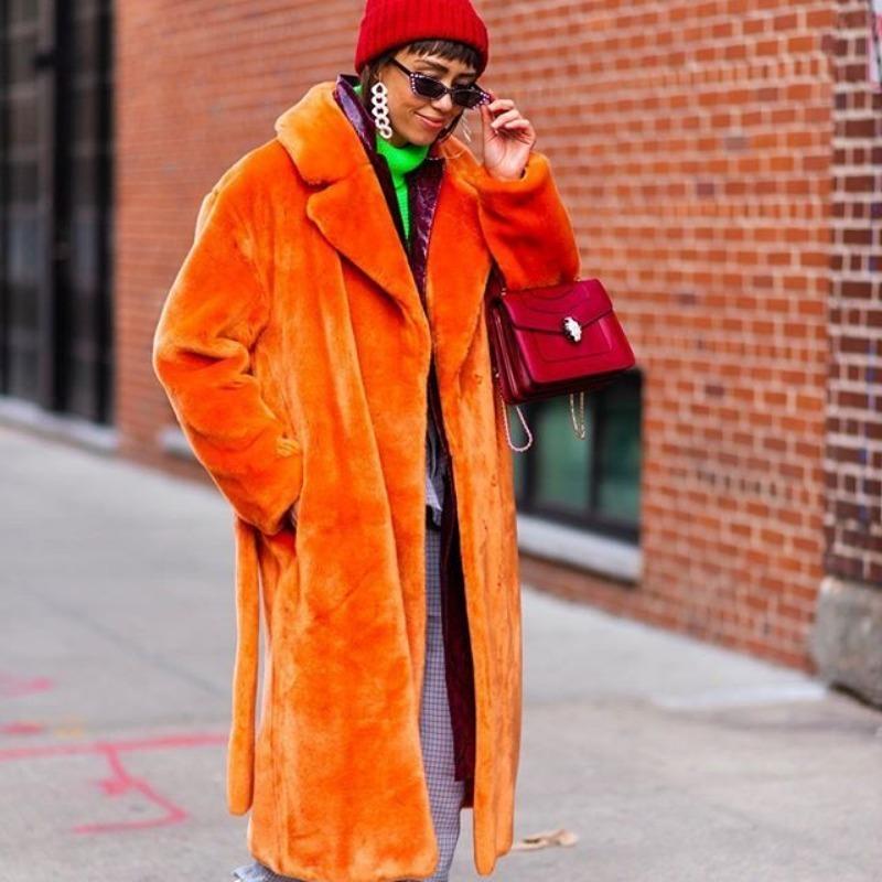 Damen Wintermantel, Mittellanger Lockerer Mantel, Damenmantel mit Fellkragen XXL-XXXL orange